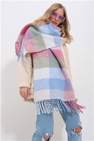 Kadın Pudra Pembesi Renkli Ekose Desenli Kalın Şal ALC-X11426