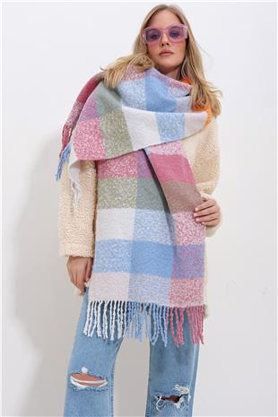 Kadın Pudra Pembesi Renkli Ekose Desenli Kalın Şal ALC-X11426