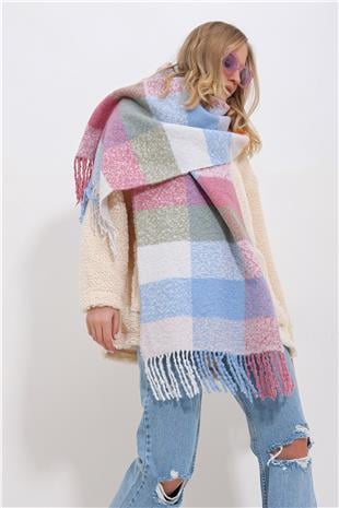 Kadın Pudra Pembesi Renkli Ekose Desenli Kalın Şal ALC-X11426