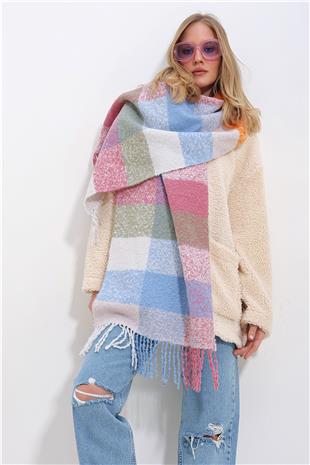 Kadın Pudra Pembesi Renkli Ekose Desenli Kalın Şal ALC-X11426