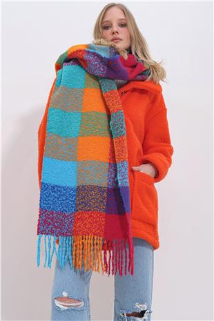 Kadın Turuncu Renkli Ekose Desenli Kalın Şal ALC-X11426