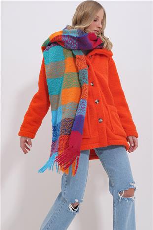 Kadın Turuncu Renkli Ekose Desenli Kalın Şal ALC-X11426