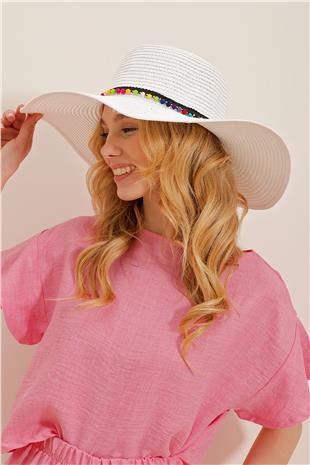 Renkli Ponpon Şeritli Geniş Hasır Şapka - Beyaz