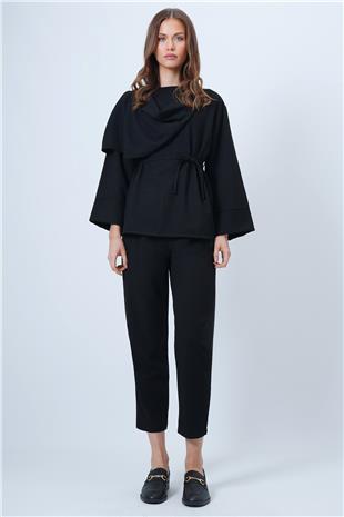 Kadın Siyah Şal Detaylı Geniş Manşet Bluz Çift Cepli Pantolon Takım VS01353