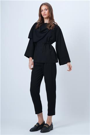 Kadın Siyah Şal Detaylı Geniş Manşet Bluz Çift Cepli Pantolon Takım VS01353