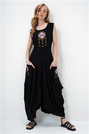Kadın Siyah Şalvar Kesim Nakış İşlemeli Sıfır Kol Dokuma Yazlık Elbise ALC-X14093