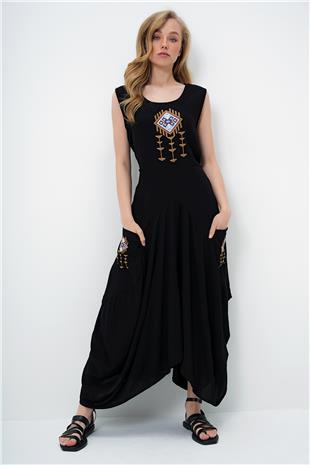 Kadın Siyah Şalvar Kesim Nakış İşlemeli Sıfır Kol Dokuma Yazlık Elbise ALC-X14093