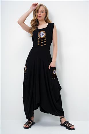 Kadın Siyah Şalvar Kesim Nakış İşlemeli Sıfır Kol Dokuma Yazlık Elbise ALC-X14093