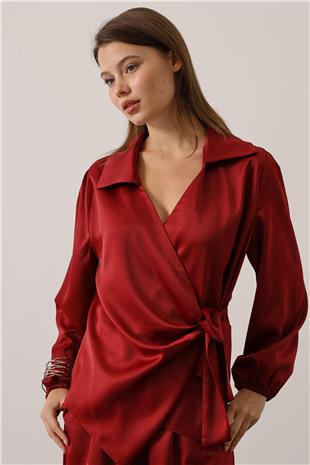 Kadın Bordo Saten Dokulu Yan Bağlamalı Bluz Ve Geniş Paça Pantolon Takım VS01149