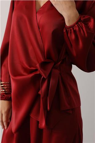 Kadın Bordo Saten Dokulu Yan Bağlamalı Bluz Ve Geniş Paça Pantolon Takım VS01149