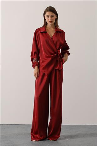Kadın Bordo Saten Dokulu Yan Bağlamalı Bluz Ve Geniş Paça Pantolon Takım VS01149