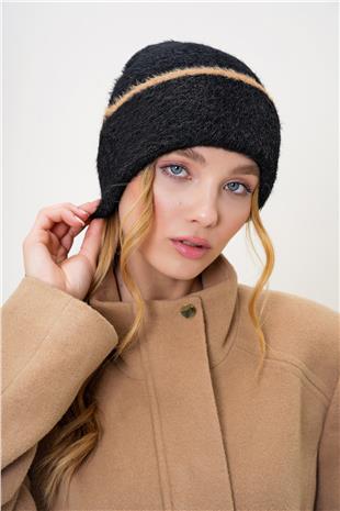 Kadın Siyah Şerit Detaylı Tüylü Triko Bere ALC-X13257