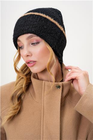 Kadın Siyah Şerit Detaylı Tüylü Triko Bere ALC-X13257