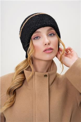 Kadın Siyah Şerit Detaylı Tüylü Triko Bere ALC-X13257