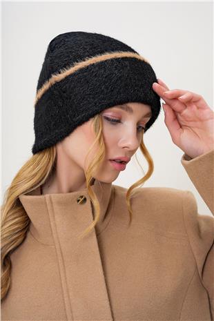 Kadın Siyah Şerit Detaylı Tüylü Triko Bere ALC-X13257