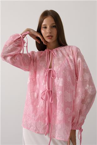 Kadın Pembe Şifon Desenli Bağlamalı Bluz VS00554