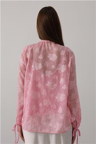 Kadın Pembe Şifon Desenli Bağlamalı Bluz VS00554