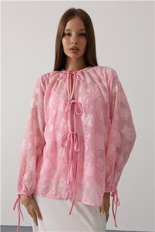 Kadın Pembe Şifon Desenli Bağlamalı Bluz VS00554
