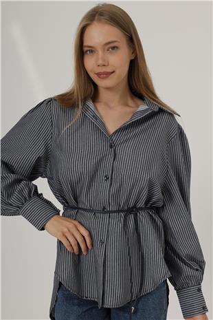 Kadın Lacivert Simli Çizgili İp Bağlamalı Oversize Gömlek VS00798