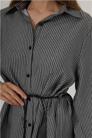 Kadın Siyah Simli Çizgili İp Bağlamalı Oversize Gömlek VS00798
