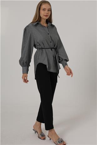 Kadın Siyah Simli Çizgili İp Bağlamalı Oversize Gömlek VS00798