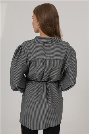Kadın Siyah Simli Çizgili İp Bağlamalı Oversize Gömlek VS00798