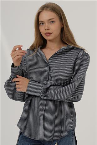 Kadın Lacivert Simli Çizgili İp Bağlamalı Oversize Gömlek VS00798