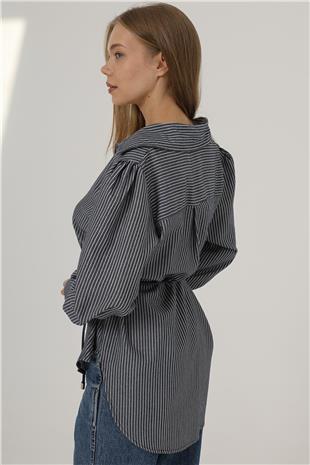 Kadın Lacivert Simli Çizgili İp Bağlamalı Oversize Gömlek VS00798