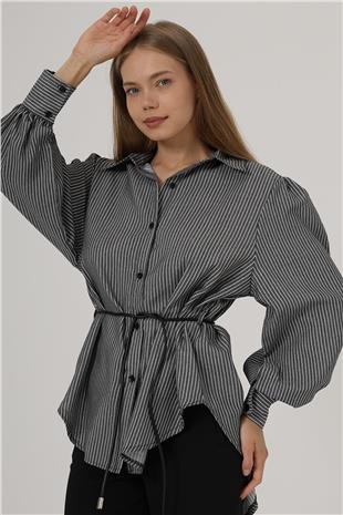 Kadın Siyah Simli Çizgili İp Bağlamalı Oversize Gömlek VS00798