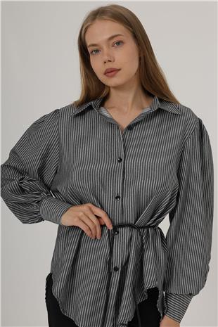 Kadın Siyah Simli Çizgili İp Bağlamalı Oversize Gömlek VS00798