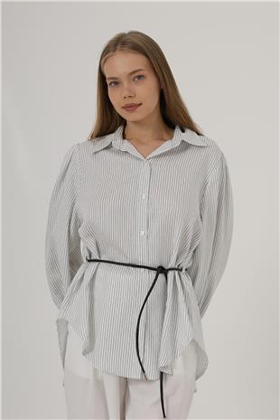 Kadın Beyaz Simli Çizgili Kemerli Gömlek VS00550