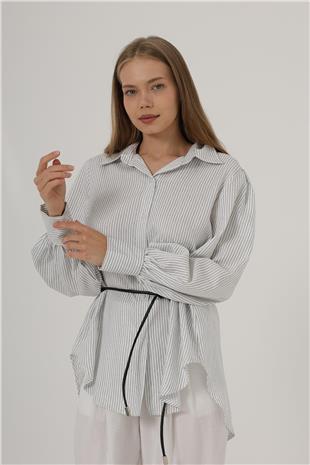 Kadın Beyaz Simli Çizgili Kemerli Gömlek VS00550