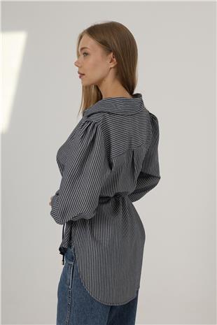 Kadın Lacivert Simli Çizgili Kemerli Gömlek VS00550