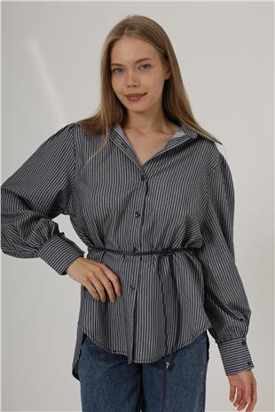 Kadın Lacivert Simli Çizgili Kemerli Gömlek VS00550