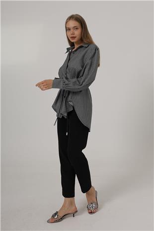 Kadın Siyah Simli Çizgili Kemerli Gömlek VS00550