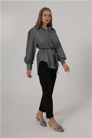 Kadın Siyah Simli Çizgili Kemerli Gömlek VS00550