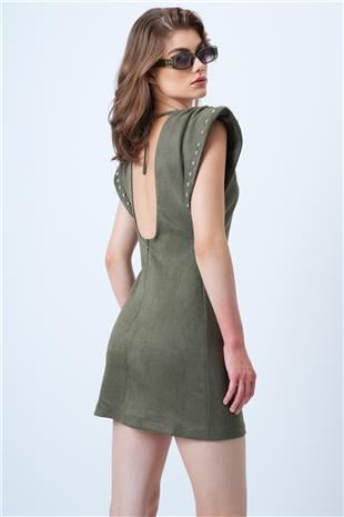 Kadın Haki Sırt Dekolteli Omuz Vatkalı Omuz Droplu Süet Elbise VS01192