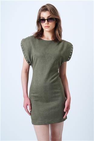 Kadın Haki Sırt Dekolteli Omuz Vatkalı Omuz Droplu Süet Elbise VS01192