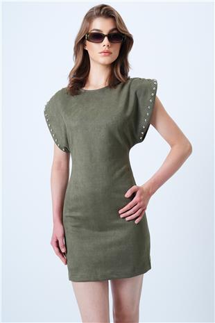 Kadın Haki Sırt Dekolteli Omuz Vatkalı Omuz Droplu Süet Elbise VS01192