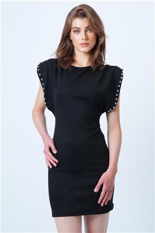 Kadın Siyah Sırt Dekolteli Omuz Vatkalı Omuz Droplu Süet Elbise VS01192