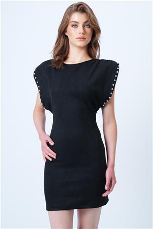 Kadın Siyah Sırt Dekolteli Omuz Vatkalı Omuz Droplu Süet Elbise VS01192