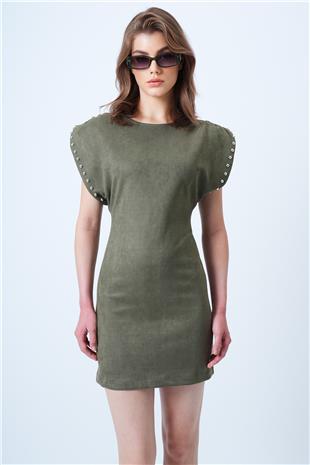 Kadın Haki Sırt Dekolteli Omuz Vatkalı Omuz Droplu Süet Elbise VS01192