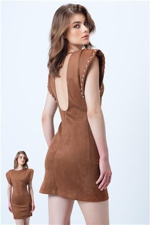 Kadın Taba Sırt Dekolteli Omuz Vatkalı Omuz Droplu Süet Elbise VS01192