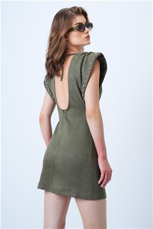 Kadın Haki Sırt Dekolteli Omuz Vatkalı Omuz Droplu Süet Elbise VS01192