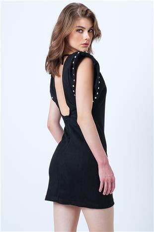 Kadın Siyah Sırt Dekolteli Omuz Vatkalı Omuz Droplu Süet Elbise VS01192