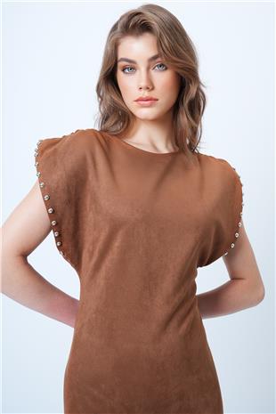 Kadın Taba Sırt Dekolteli Omuz Vatkalı Omuz Droplu Süet Elbise VS01192