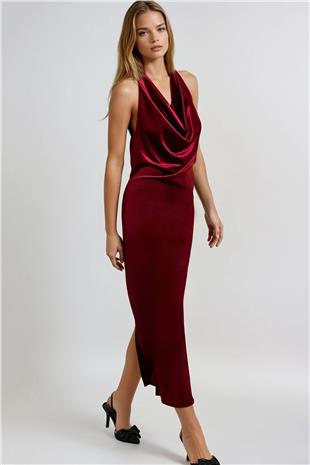 Kadın Kırmızı Sırtı Açık Derin Dekolteli Midi Elbise VS00967