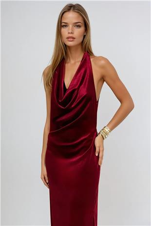 Kadın Kırmızı Sırtı Açık Derin Dekolteli Midi Elbise VS00967