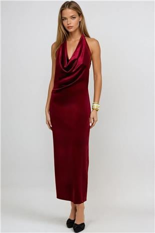 Kadın Kırmızı Sırtı Açık Derin Dekolteli Midi Elbise VS00967