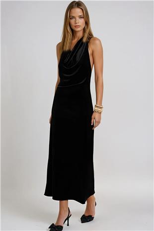 Kadın Siyah Sırtı Açık Derin Dekolteli Midi Elbise VS00967